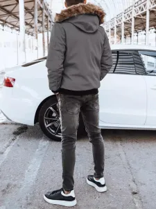 Tmavošedá pánska bunda na zimu s kapucňou