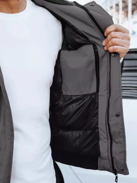 Tmavošedá pánska bunda na zimu s kapucňou