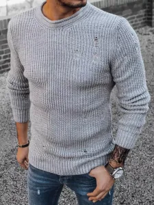 Pletený pánsky sveter s dierami - svetlošedý