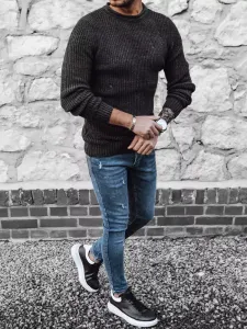 Pletený pánsky sveter s dierami - tmavošedý
