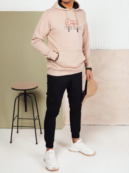 Trendy pánska mikina s kapucňou a s nápisom- béžová