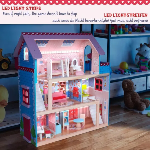 Drevený domček pre bábiky s LED svetlom, 60,5 x 71 x 32,5 cm