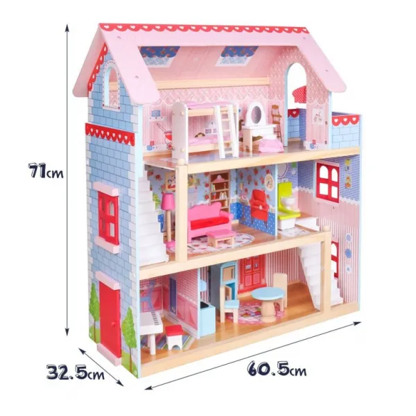 Drevený domček pre bábiky s LED svetlom, 60,5 x 71 x 32,5 cm