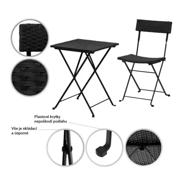 Stilista záhradný polyratanový set, čierny, 2 stoličky+stôl
