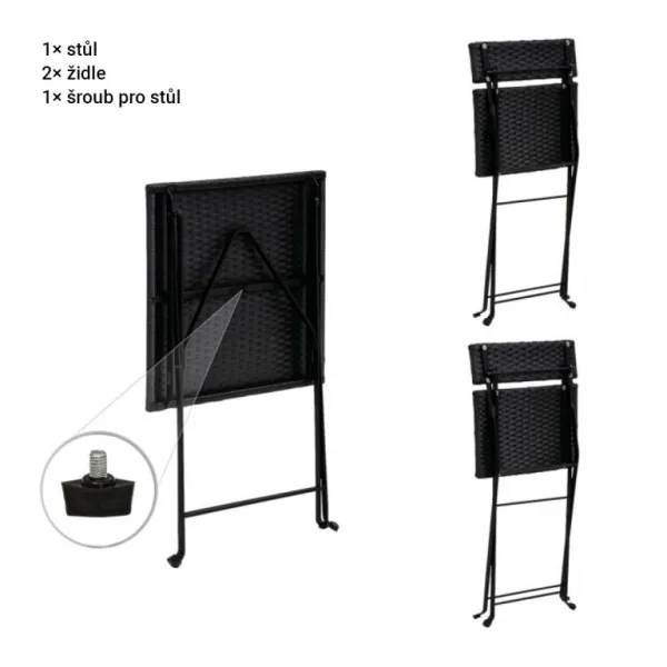 Stilista záhradný polyratanový set, čierny, 2 stoličky+stôl