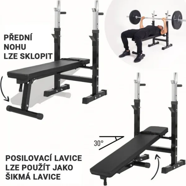 Nastaviteľná posilňovacia lavica s držiakom na činky, čierna
