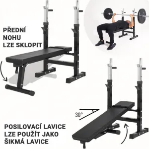 Nastaviteľná posilňovacia lavica s držiakom na činky, čierna