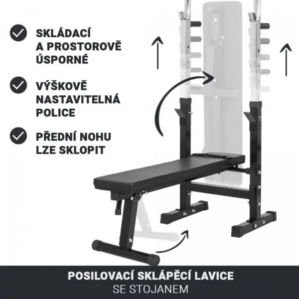 Nastaviteľná posilňovacia lavica s držiakom na činky, čierna
