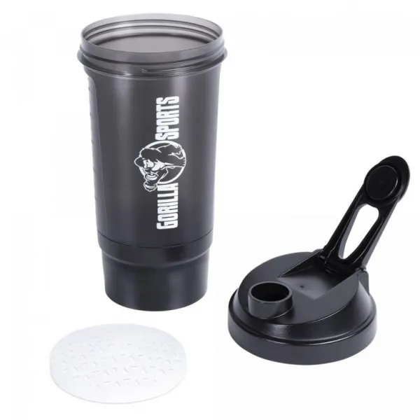 Gorilla Sports Shaker s priehradkou, 500 ml čierny