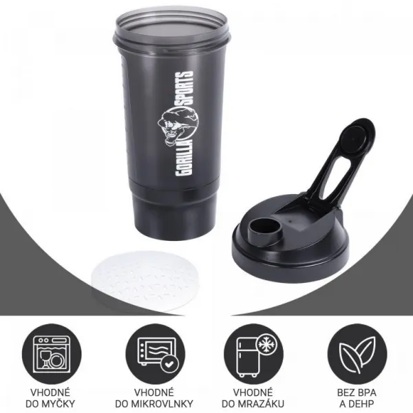 Gorilla Sports Shaker s priehradkou, 500 ml čierny