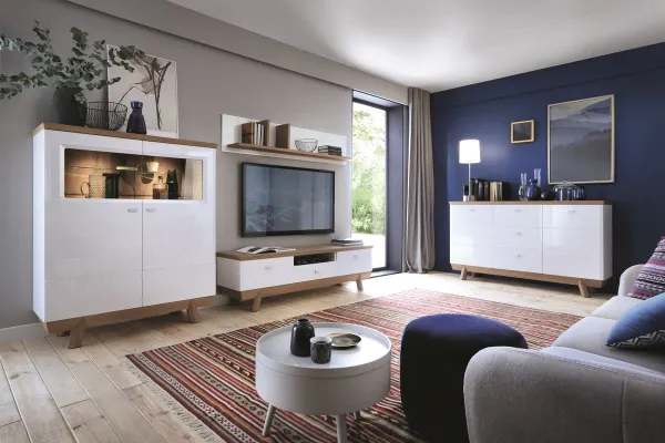 TARANKO Aspen AS-RTV tv stolík biely vysoký lesk / dub (Grande 01)