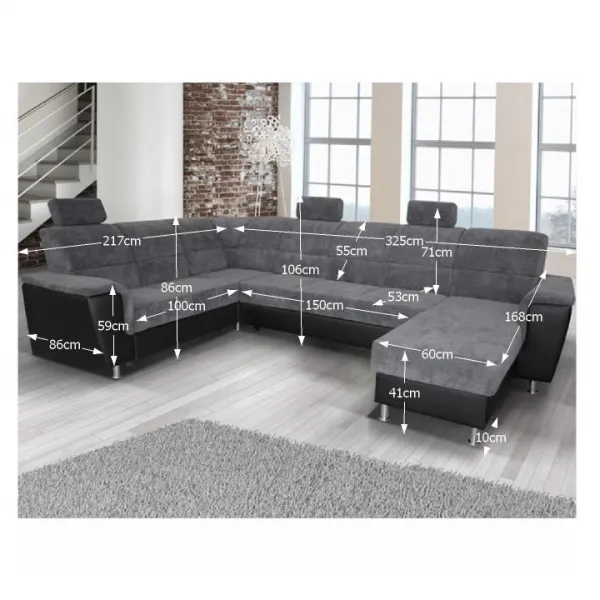 KONDELA Santiago L rohová sedačka u s rozkladom a úložným priestorom sivá / čierna