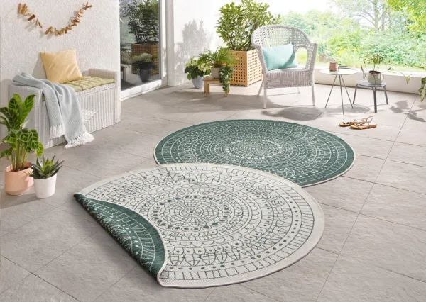 NORTHRUGS - Hanse Home koberce Kusový koberec Twin-Wendeteppiche 103103 creme grün – na von aj na doma - 100x100 (priemer) kruh cm