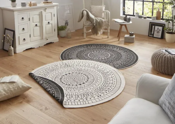 NORTHRUGS - Hanse Home koberce Kusový koberec Twin-Wendeteppiche 103101 creme schwarz – na von aj na doma - 100x100 (priemer) kruh cm