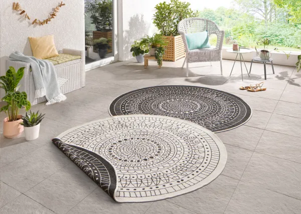NORTHRUGS - Hanse Home koberce Kusový koberec Twin-Wendeteppiche 103101 creme schwarz – na von aj na doma - 100x100 (priemer) kruh cm