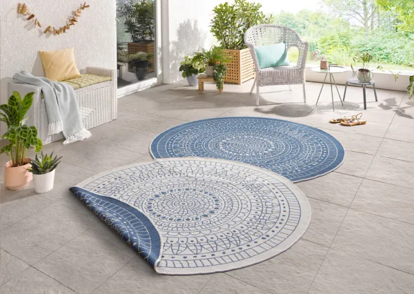 NORTHRUGS - Hanse Home koberce Kusový koberec Twin-Wendeteppiche 103104 creme blau – na von aj na doma - 100x100 (priemer) kruh cm