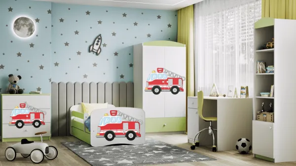 Kocot kids Detská posteľ Babydreams hasičské auto zelená, varianta 80x180, se šuplíky, s matrací