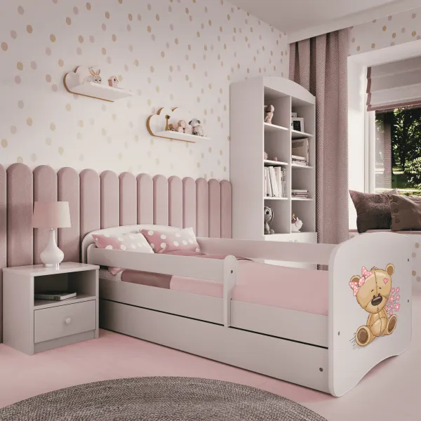 Kocot kids Detská posteľ Babydreams medveď s kvetmi biela, varianta 80x180, se šuplíky, s matrací