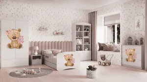 Kocot kids Detská posteľ Babydreams medveď s kvetmi biela, varianta 80x180, se šuplíky, s matrací