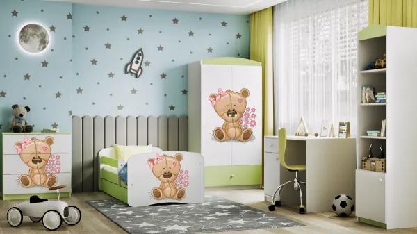 Kocot kids Detská posteľ Babydreams medvedík s kvietkami zelená, variant 70x140, bez šuplíků, s matrací