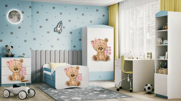 Kocot kids Detská posteľ Babydreams medvedík s kvietkami modrá, varianta 70x140, se šuplíky, s matrací