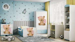 Kocot kids Detská posteľ Babydreams medvedík s kvietkami modrá, varianta 70x140, se šuplíky, s matrací