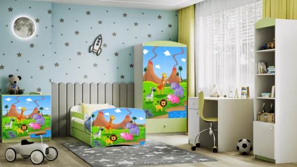 Kocot kids Detská posteľ Babydreams safari zelená, varianta 70x140, se šuplíky, s matrací