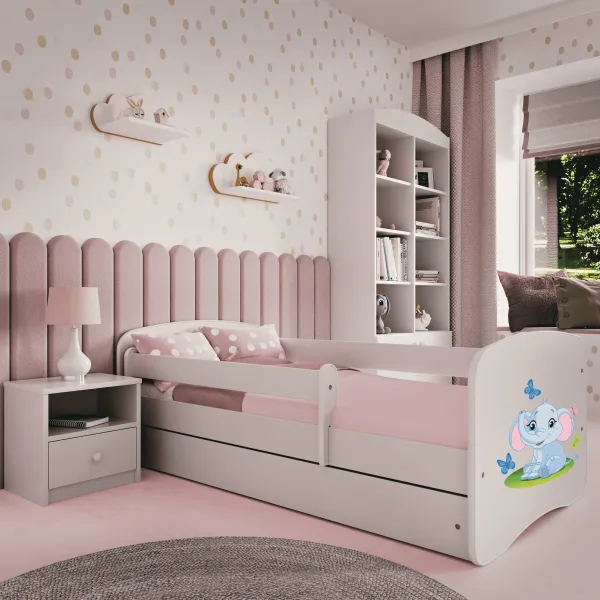 Kocot kids Detská posteľ Babydreams slon s motýlikmi biela, varianta 70x140, se šuplíky, s matrací