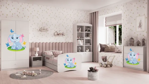 Kocot kids Detská posteľ Babydreams slon s motýlikmi biela, varianta 70x140, se šuplíky, s matrací