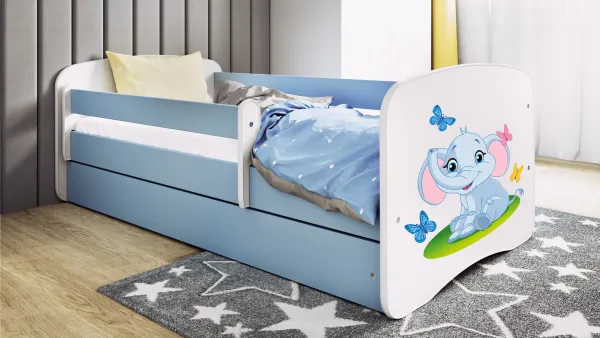 Kocot kids Detská posteľ Babydreams slon s motýlikmi modrá, varianta 80x180, se šuplíky, s matrací