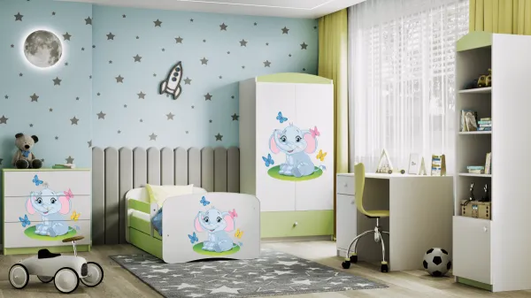 Kocot kids Detská posteľ Babydreams slon s motýlikmi zelená, varianta 80x160, se šuplíky, s matrací