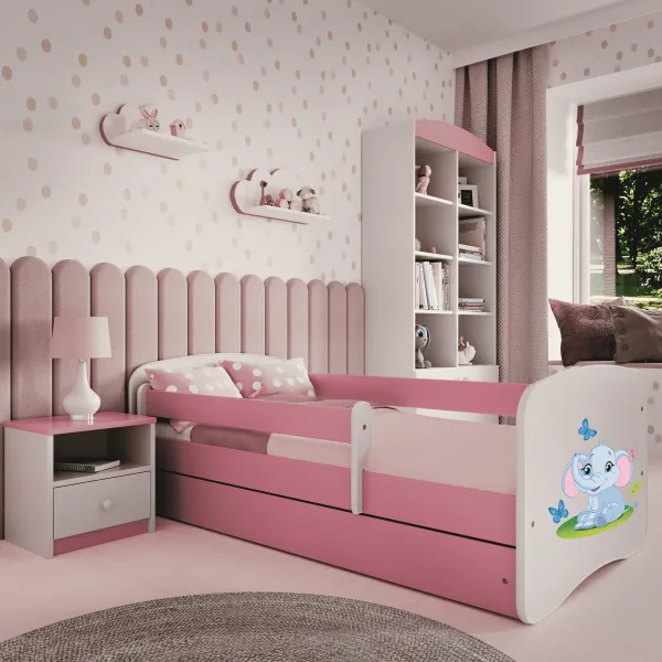 Kocot kids Detská posteľ Babydreams slon s motýlikmi ružová, varianta 80x180, se šuplíky, s matrací