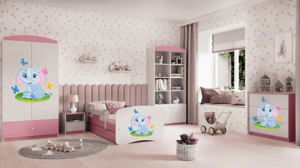 Kocot kids Detská posteľ Babydreams slon s motýlikmi ružová, varianta 80x180, se šuplíky, s matrací