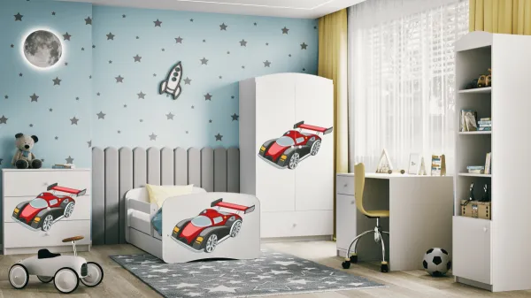 Kocot kids Detská posteľ Babydreams závodné auto biela, variant 70x140, se šuplíky, s matrací