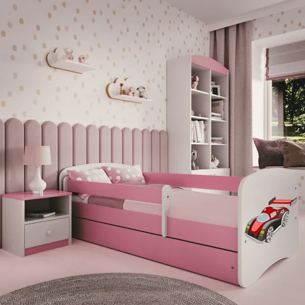 Kocot kids Detská posteľ Babydreams závodné auto ružová, varianta 80x160, se šuplíky, s matrací