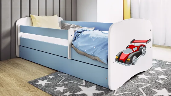 Kocot kids Detská posteľ Babydreams závodné auto modrá, varianta 70x140, se šuplíky, s matrací