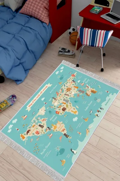 Conceptum Hypnose Detský koberček Mapa zvieracieho sveta 80x150 cm modrý