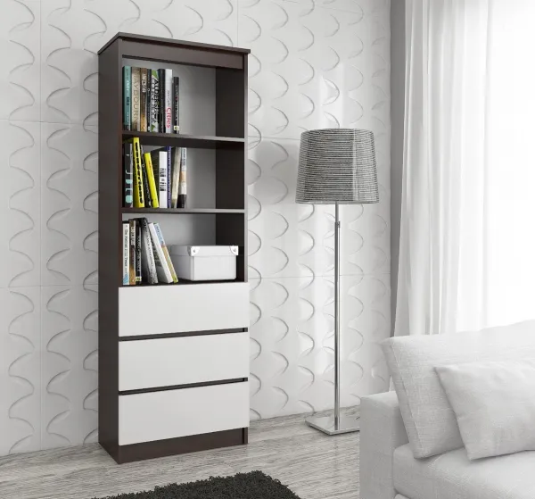 Ak furniture Knižnica Ronald 60 cm 3 zásuvky a 3 police wenge/biela