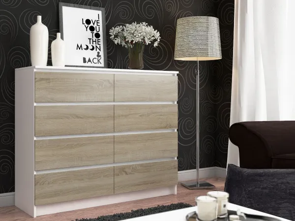 Ak furniture Komoda Kuba 120 cm 8 zásuviek biela/sonoma