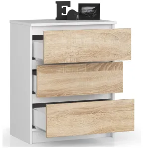 Ak furniture Komoda Kuba 60 cm - 3 zásuvky biela/sonoma