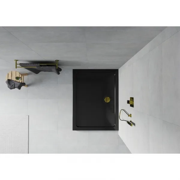 Obdĺžniková sprchová vanička MEXEN FLAT SLIM 120x90 cm čierna + zlatý sifón