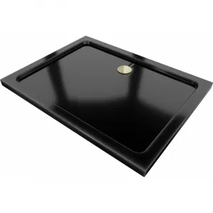 Obdĺžniková sprchová vanička MEXEN FLAT SLIM 120x90 cm čierna + zlatý sifón
