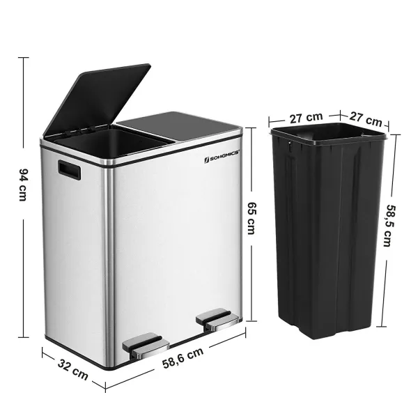 SONGMICS Odpadkový kôš na triedený odpad 2 x 30 L strieborný