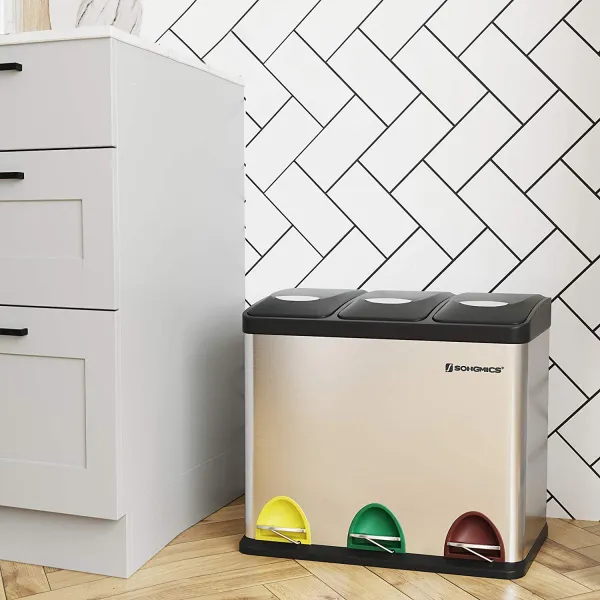 SONGMICS Odpadkový kôš LTB24L na triedený odpad, 3 x 8 L, strieborný, nerez