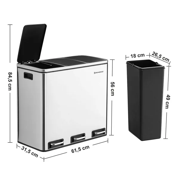SONGMICS Odpadkový kôš 3x18 L (54 L) strieborný