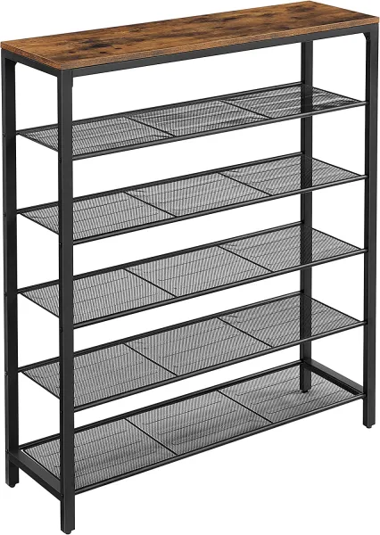 VASAGLE Kovový regál na topánky 100x30x110cm čiernohnedý