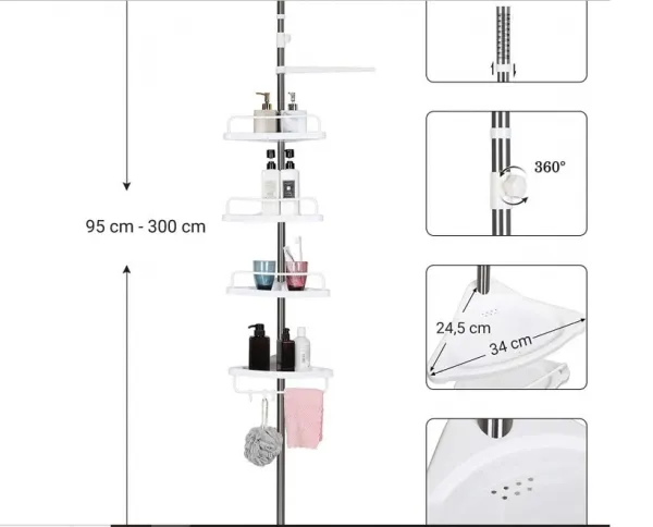 SONGMICS Teleskopická rohová polica do kúpeľne 95-305 cm biela