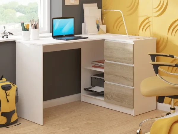 Ak furniture Rohový písací stôl B16 124 cm biely/dub sonoma pravý