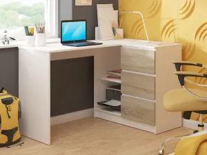 Ak furniture Rohový písací stôl B16 124 cm biely/dub sonoma pravý