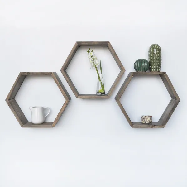Kalune Design Sada 3 nástěnných polic HEX ořech